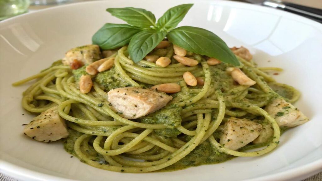 Pesto pasta topped with chicken, pine nuts, and a basil garnish