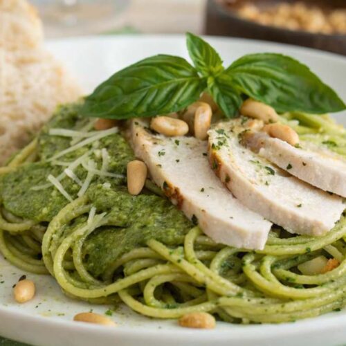 Plate of chicken pesto pasta topped with pine nuts and basil leaves