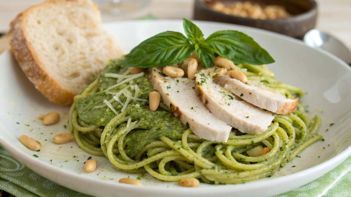 Plate of chicken pesto pasta topped with pine nuts and basil leaves