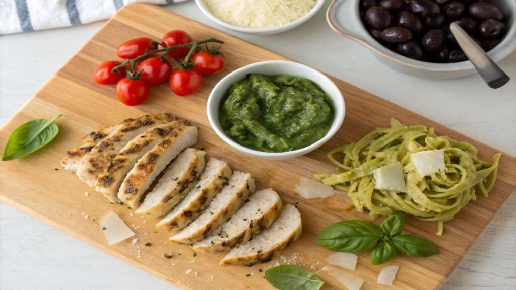 Sliced chicken breast over pesto spaghetti with pine nuts and Parmesan