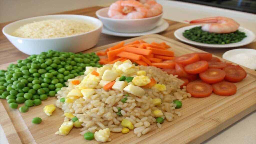 Sizzling fried rice with shrimp and vegetables being tossed in a hot wok