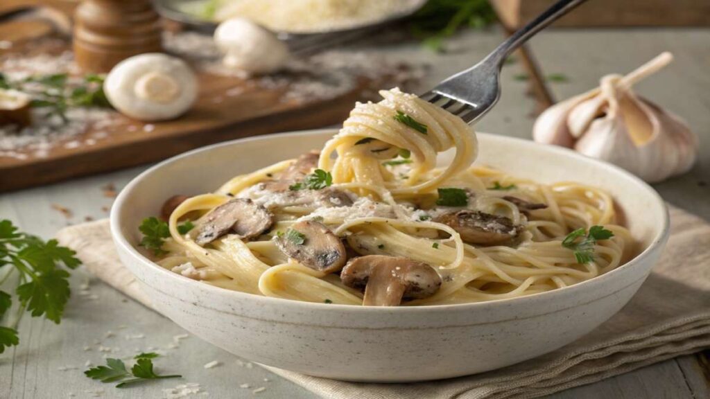 Gourmet creamy garlic mushroom pasta with truffle oil drizzle and wild mushrooms