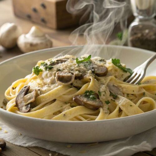 Creamy garlic mushroom pasta in a white bowl, topped with Parmesan and parsley, with steam rising