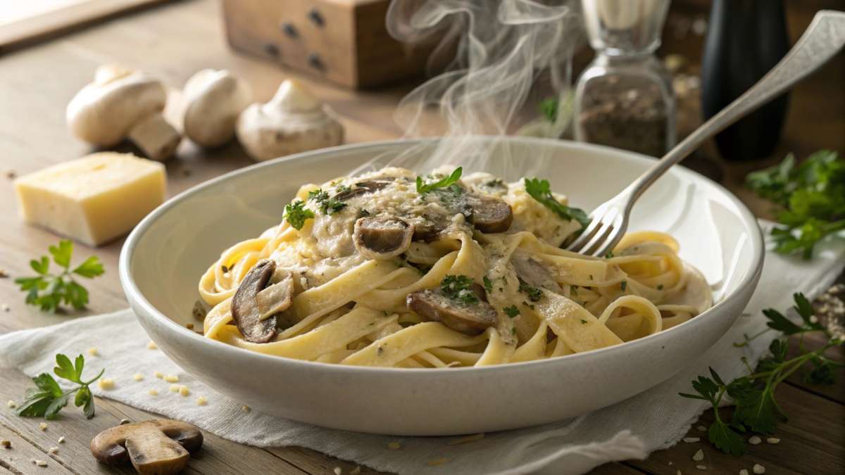 Creamy garlic mushroom pasta in a white bowl, topped with Parmesan and parsley, with steam rising