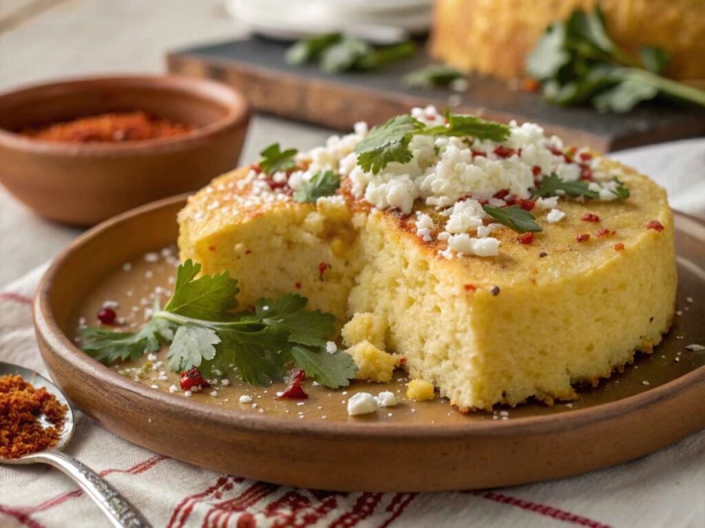 Homemade Mexican-style cornbread on a plate with sour cream, herbs, and a side of lime