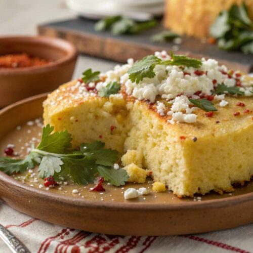 Homemade Mexican-style cornbread on a plate with sour cream, herbs, and a side of lime