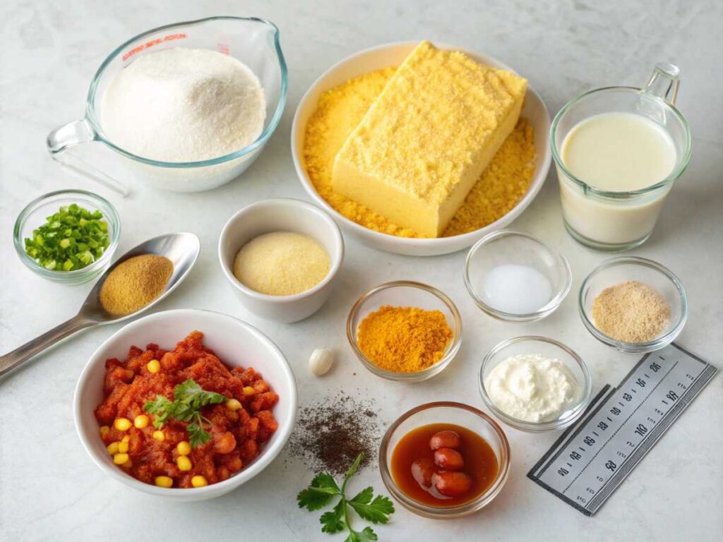 Thick baked Jiffy cornbread topped with red peppers, sour cream, and cilantro on a blue ceramic plate