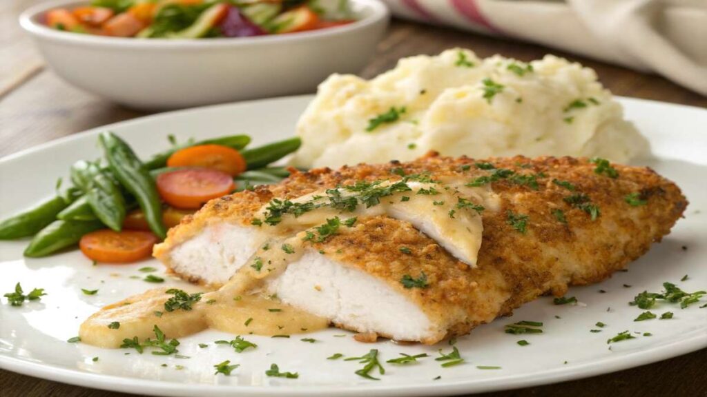Chicken breasts sizzling in a hot skillet with olive oil