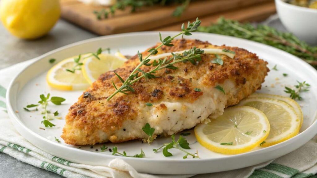 A plate of LongHorn Parmesan Crusted Chicken with roasted vegetables