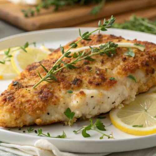 A plate of LongHorn Parmesan Crusted Chicken with roasted vegetables