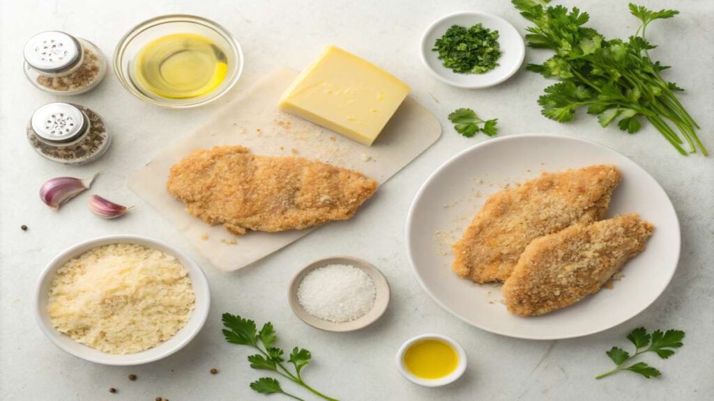 Chicken breast being coated in Parmesan and panko crust mixture