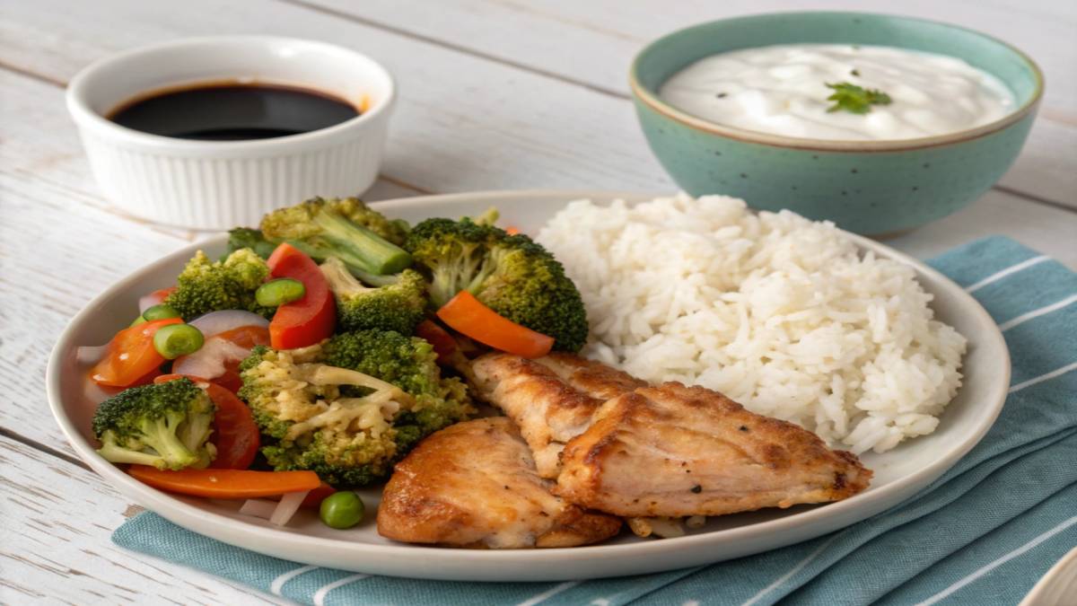 Colorful one-pan chicken and veggie Quick lunch for Working Parents with rice in skillet