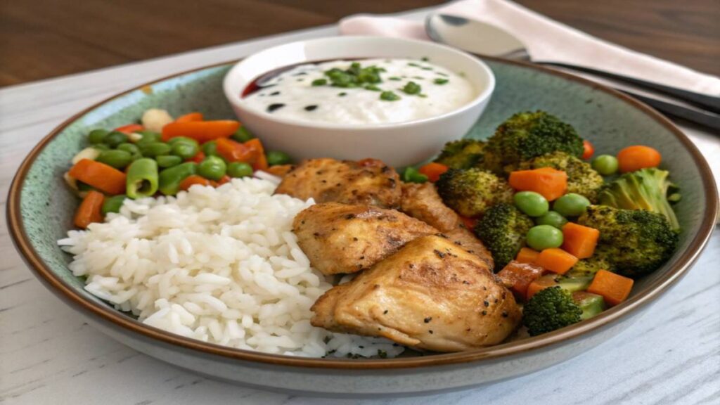 Overhead shot of vibrant one-pan lunch with chicken, rice, and veggies