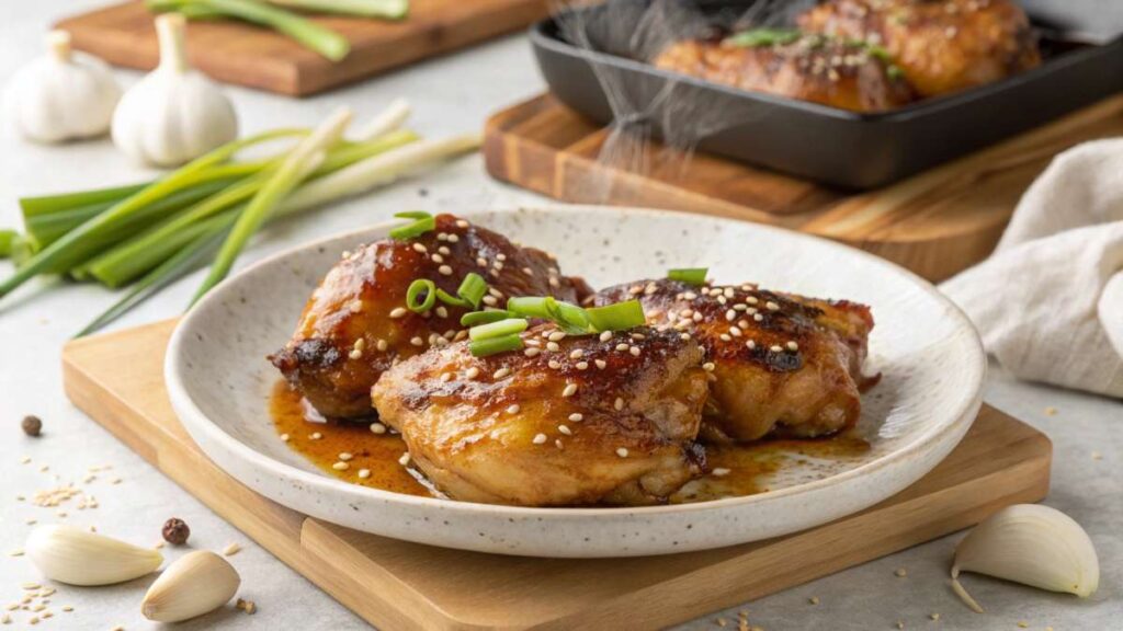 Crispy honey garlic chicken recipe thighs with sticky glaze on a white plate, garnished with scallions and sesame seeds