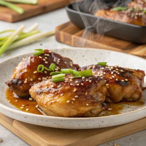 Crispy honey garlic chicken recipe thighs with sticky glaze on a white plate, garnished with scallions and sesame seeds