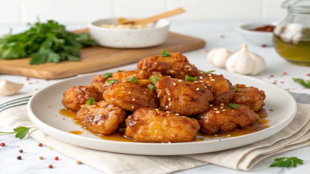 Close-up of sticky honey garlic chicken with glossy sauce dripping, garnished with sesame seeds