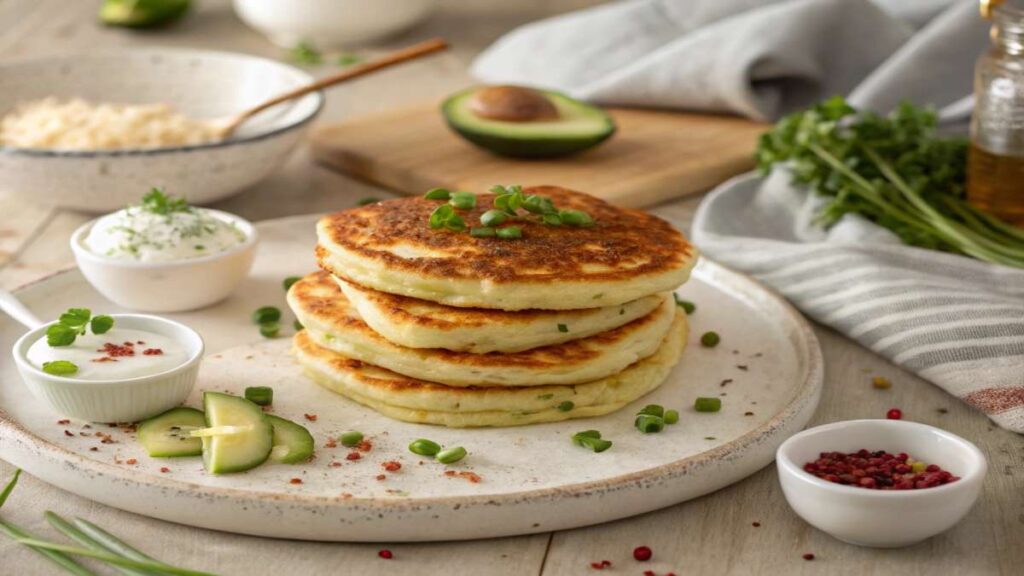 Golden savory cottage cheese pancakes served with herbs, sour cream, and red pepper flakes