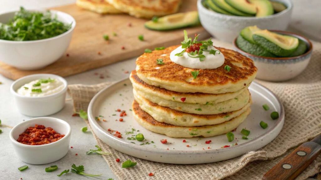 Stack of savory cottage cheese pancakes garnished with fresh herbs on a white plate