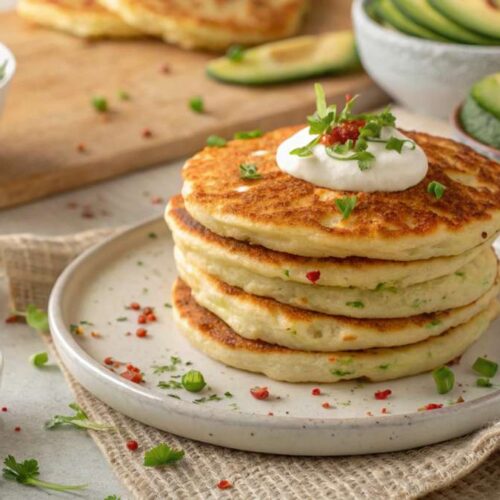 Stack of savory cottage cheese pancakes garnished with fresh herbs on a white plate