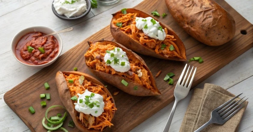 Buffalo Chicken Stuffed Sweet Potatoes