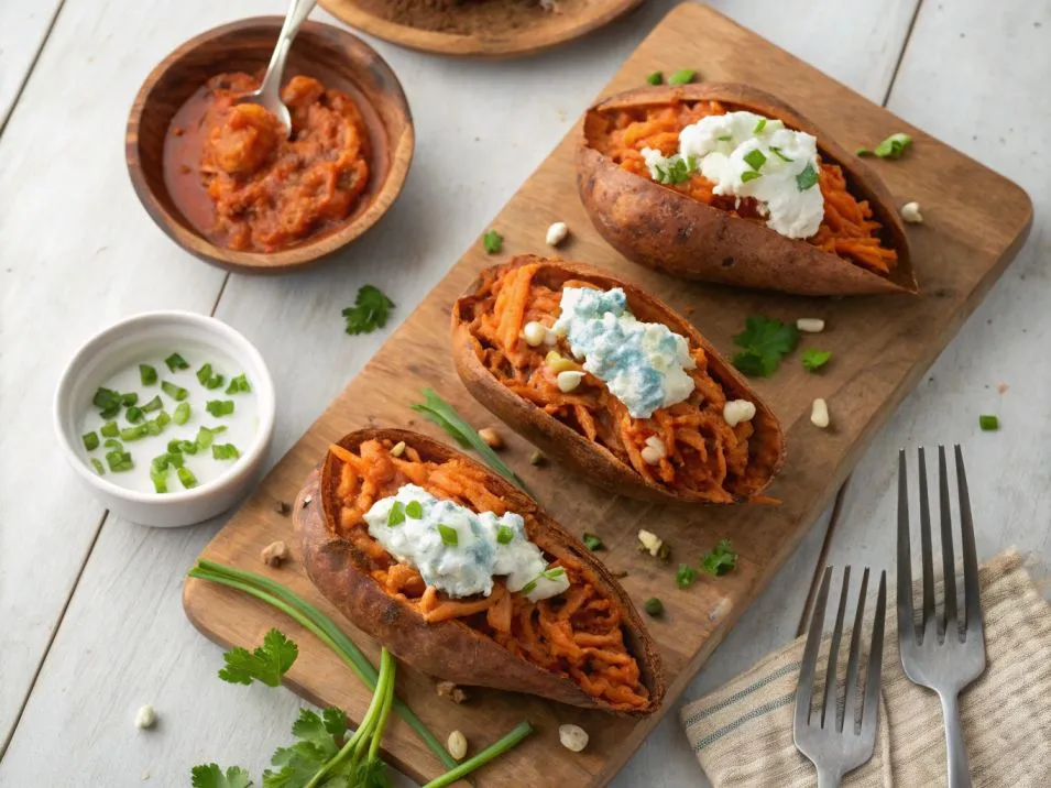 Buffalo Chicken Stuffed Sweet Potatoes